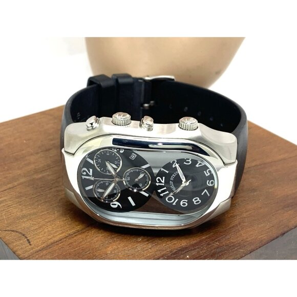 Philip Stein Men's Watch Teslar Quartz Dual Time Chronograph Leather Strap 37mm - Picture 8 of 14